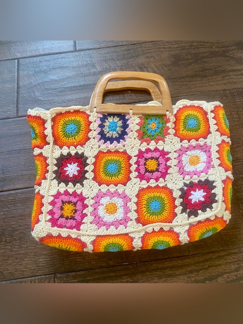 Street Level Handmade Crochet Multicolor Boho Tote Bag with Wooden Handles